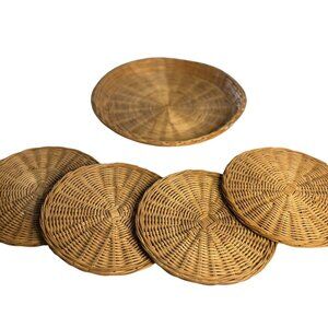 Woven Wicker Rattan Paper Plate Holder & Placemats – Set 4 Boho Rustic Tableware